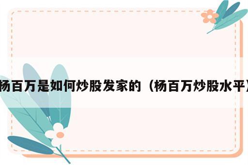 杨百万是如何炒股发家的（杨百万炒股水平）